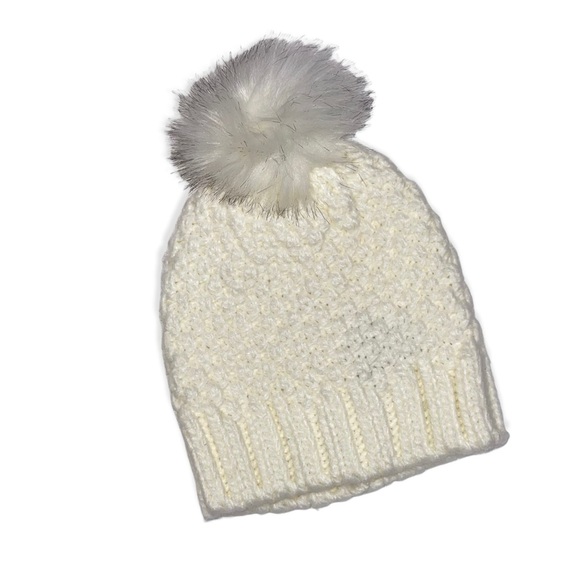 EXPRESS Ivory Cable Knit Beanie Hat with Pom Pom - Picture 2 of 6